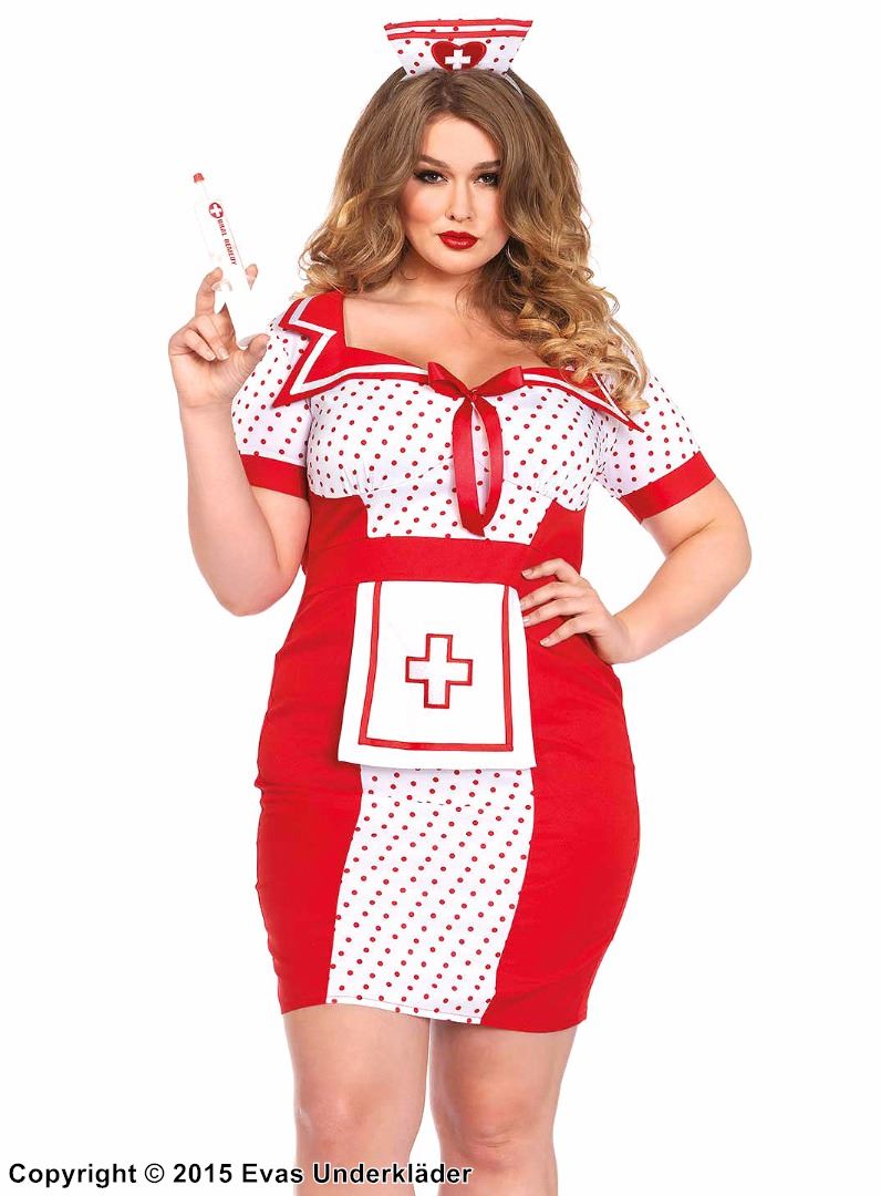 Krankenschwester, Kostüm-Kleid, Satinschleife, kurze Ärmel, Schürze, polka dot, XL bis 4XL